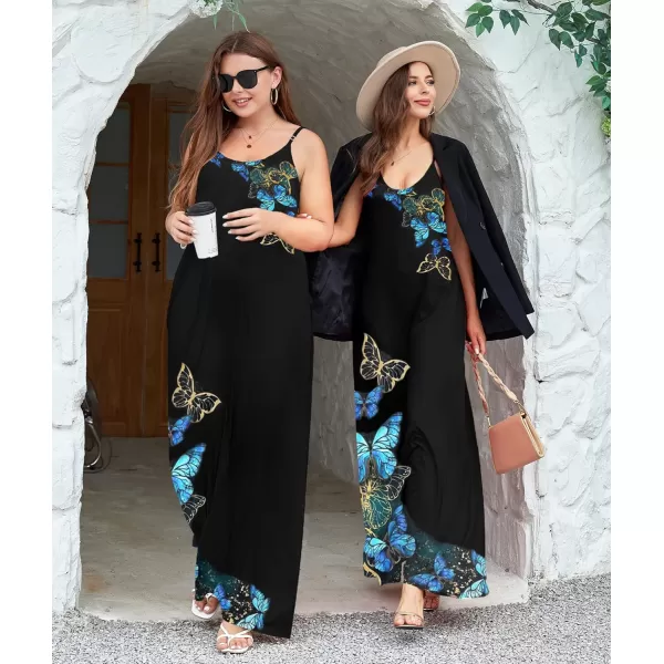 Wolddress Womens 2024 Casual Sleeveless Sundress Plus Size Loose Plain Long Summer Beach Maxi Dress with Pockets S5XButterfly Black