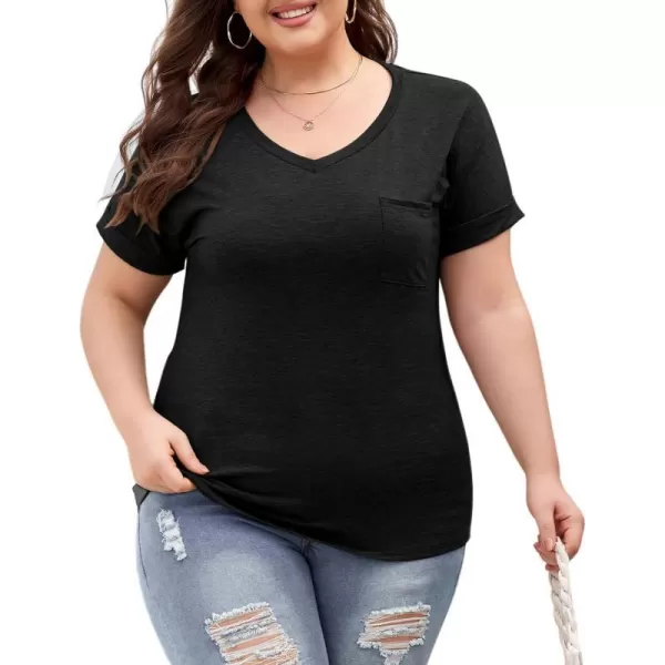 LALAGEN Plus Size T Shirts for Women 2024 UPF 50 Rolled Short Sleeve V Neck Summer Tops Casual Solid Basic Tunic Tee S5XBlack