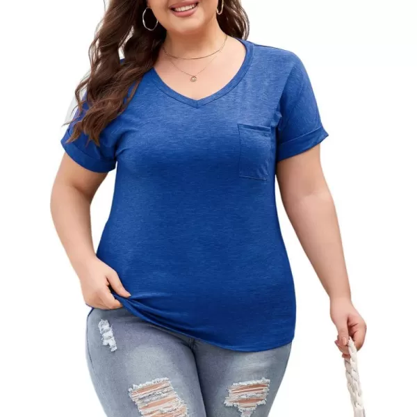 LALAGEN Plus Size T Shirts for Women 2024 UPF 50 Rolled Short Sleeve V Neck Summer Tops Casual Solid Basic Tunic Tee S5XBlue