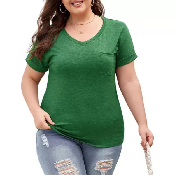 LALAGEN Plus Size T Shirts for Women 2024 UPF 50 Rolled Short Sleeve V Neck Summer Tops Casual Solid Basic Tunic Tee S5XGreen