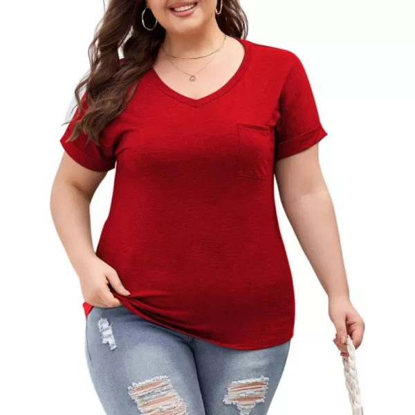 LALAGEN Plus Size T Shirts for Women 2024 UPF 50 Rolled Short Sleeve V Neck Summer Tops Casual Solid Basic Tunic Tee S5XRed