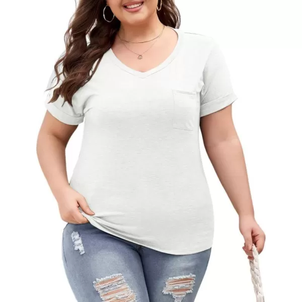 LALAGEN Plus Size T Shirts for Women 2024 UPF 50 Rolled Short Sleeve V Neck Summer Tops Casual Solid Basic Tunic Tee S5XWhite