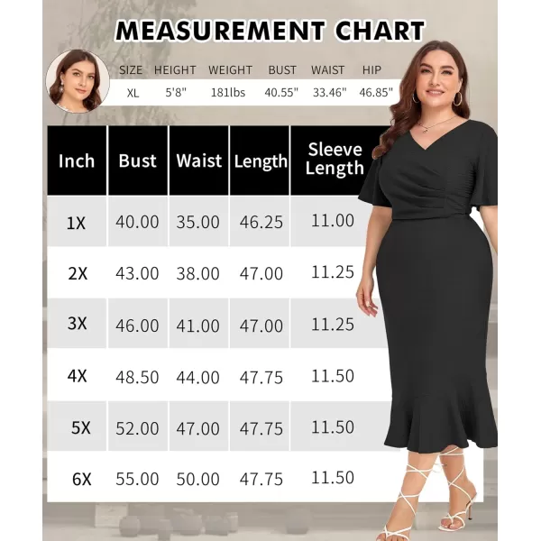 LALAGEN Plus Size Dress for Women Modest Short Sleeve Ruched Bodycon Mermaid Cocktail Midi Dresses 1X6XBlack