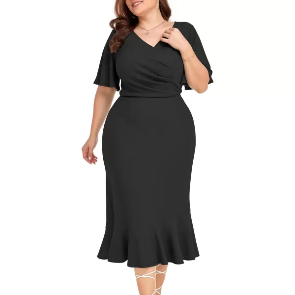 LALAGEN Plus Size Dress for Women Modest Short Sleeve Ruched Bodycon Mermaid Cocktail Midi Dresses 1X6XBlack