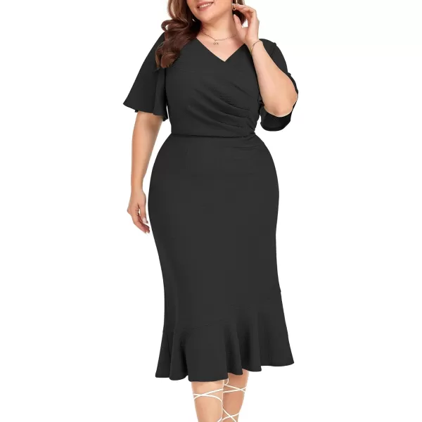 LALAGEN Plus Size Dress for Women Modest Short Sleeve Ruched Bodycon Mermaid Cocktail Midi Dresses 1X6XBlack