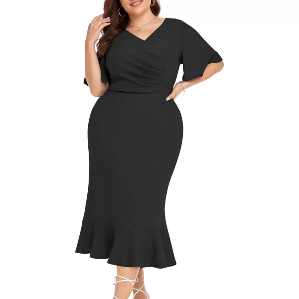 LALAGEN Plus Size Dress for Women Modest Short Sleeve Ruched Bodycon Mermaid Cocktail Midi Dresses 1X6XBlack