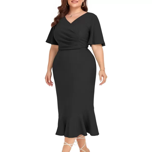 LALAGEN Plus Size Dress for Women Modest Short Sleeve Ruched Bodycon Mermaid Cocktail Midi Dresses 1X6XBlack