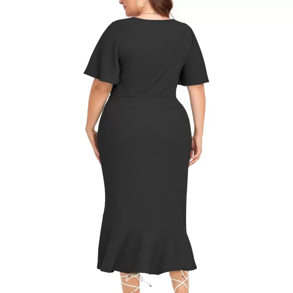 LALAGEN Plus Size Dress for Women Modest Short Sleeve Ruched Bodycon Mermaid Cocktail Midi Dresses 1X6XBlack