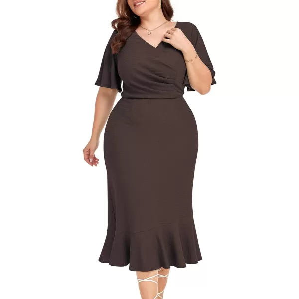 LALAGEN Plus Size Dress for Women Modest Short Sleeve Ruched Bodycon Mermaid Cocktail Midi Dresses 1X6XBrown