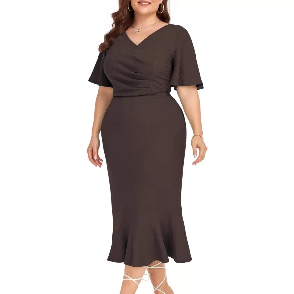 LALAGEN Plus Size Dress for Women Modest Short Sleeve Ruched Bodycon Mermaid Cocktail Midi Dresses 1X6XBrown