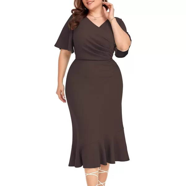 LALAGEN Plus Size Dress for Women Modest Short Sleeve Ruched Bodycon Mermaid Cocktail Midi Dresses 1X6XBrown