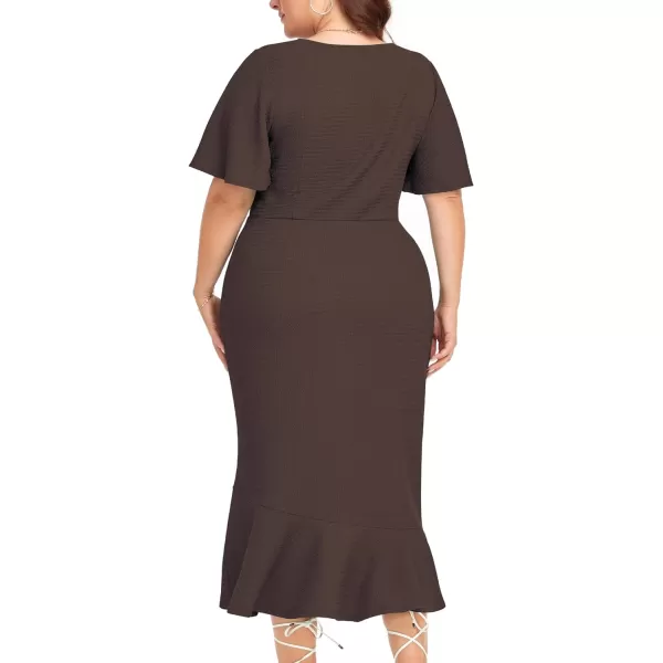 LALAGEN Plus Size Dress for Women Modest Short Sleeve Ruched Bodycon Mermaid Cocktail Midi Dresses 1X6XBrown