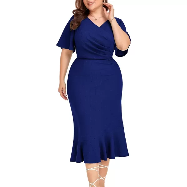 LALAGEN Plus Size Dress for Women Modest Short Sleeve Ruched Bodycon Mermaid Cocktail Midi Dresses 1X6XDark Blue