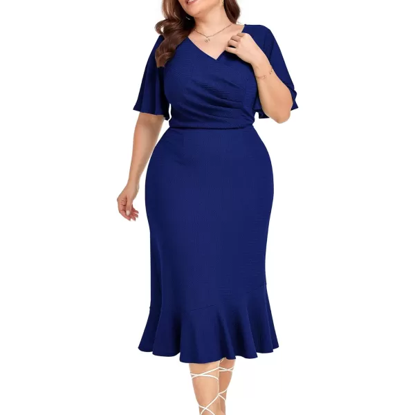 LALAGEN Plus Size Dress for Women Modest Short Sleeve Ruched Bodycon Mermaid Cocktail Midi Dresses 1X6XDark Blue