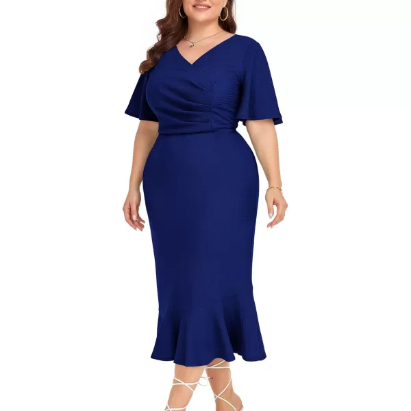 LALAGEN Plus Size Dress for Women Modest Short Sleeve Ruched Bodycon Mermaid Cocktail Midi Dresses 1X6XDark Blue