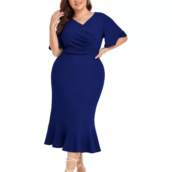 LALAGEN Plus Size Dress for Women Modest Short Sleeve Ruched Bodycon Mermaid Cocktail Midi Dresses 1X6XDark Blue