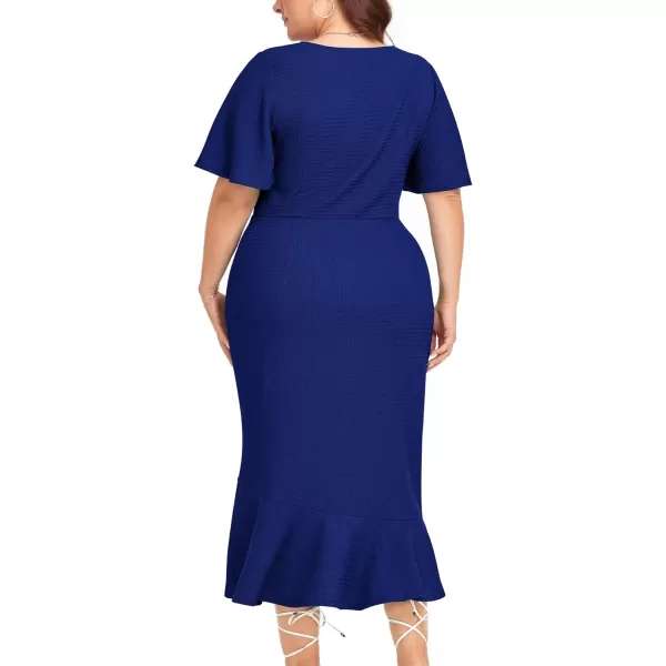 LALAGEN Plus Size Dress for Women Modest Short Sleeve Ruched Bodycon Mermaid Cocktail Midi Dresses 1X6XDark Blue