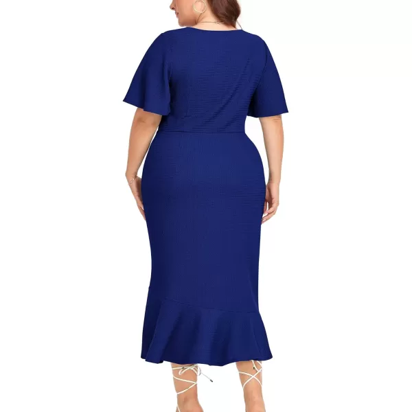 LALAGEN Plus Size Dress for Women Modest Short Sleeve Ruched Bodycon Mermaid Cocktail Midi Dresses 1X6XDark Blue240126