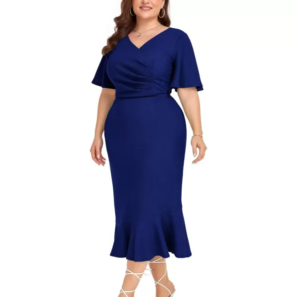 LALAGEN Plus Size Dress for Women Modest Short Sleeve Ruched Bodycon Mermaid Cocktail Midi Dresses 1X6XDark Blue240126