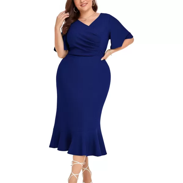 LALAGEN Plus Size Dress for Women Modest Short Sleeve Ruched Bodycon Mermaid Cocktail Midi Dresses 1X6XDark Blue240126