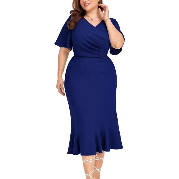 LALAGEN Plus Size Dress for Women Modest Short Sleeve Ruched Bodycon Mermaid Cocktail Midi Dresses 1X6XDark Blue240126