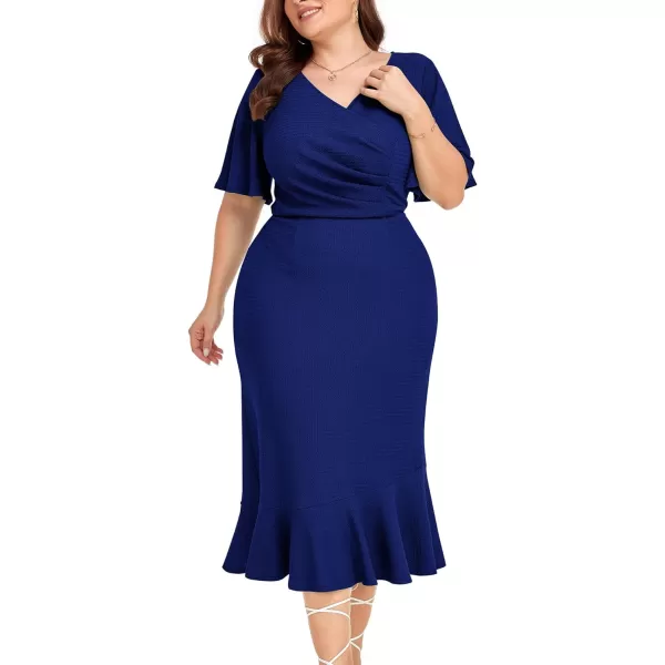 LALAGEN Plus Size Dress for Women Modest Short Sleeve Ruched Bodycon Mermaid Cocktail Midi Dresses 1X6XDark Blue240126