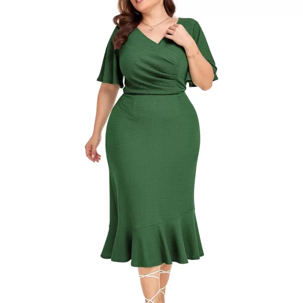 LALAGEN Plus Size Dress for Women Modest Short Sleeve Ruched Bodycon Mermaid Cocktail Midi Dresses 1X6XDark Green