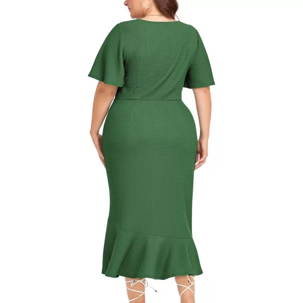 LALAGEN Plus Size Dress for Women Modest Short Sleeve Ruched Bodycon Mermaid Cocktail Midi Dresses 1X6XDark Green