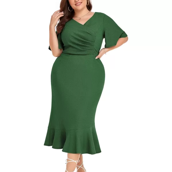 LALAGEN Plus Size Dress for Women Modest Short Sleeve Ruched Bodycon Mermaid Cocktail Midi Dresses 1X6XDark Green