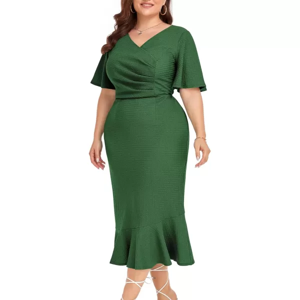 LALAGEN Plus Size Dress for Women Modest Short Sleeve Ruched Bodycon Mermaid Cocktail Midi Dresses 1X6XDark Green