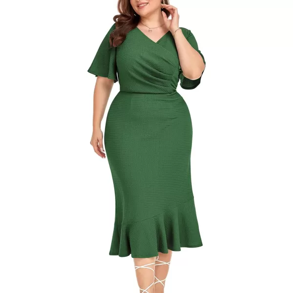 LALAGEN Plus Size Dress for Women Modest Short Sleeve Ruched Bodycon Mermaid Cocktail Midi Dresses 1X6XDark Green