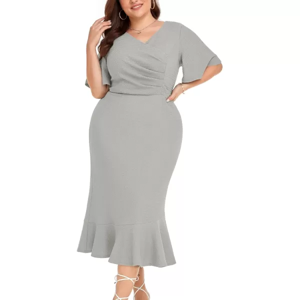 LALAGEN Plus Size Dress for Women Modest Short Sleeve Ruched Bodycon Mermaid Cocktail Midi Dresses 1X6XGrey