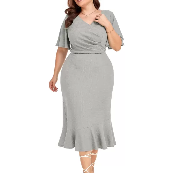 LALAGEN Plus Size Dress for Women Modest Short Sleeve Ruched Bodycon Mermaid Cocktail Midi Dresses 1X6XGrey