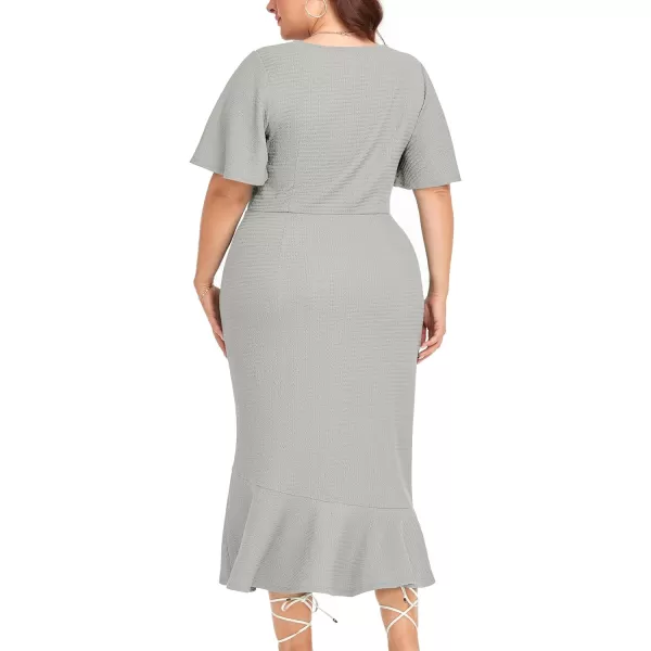 LALAGEN Plus Size Dress for Women Modest Short Sleeve Ruched Bodycon Mermaid Cocktail Midi Dresses 1X6XGrey