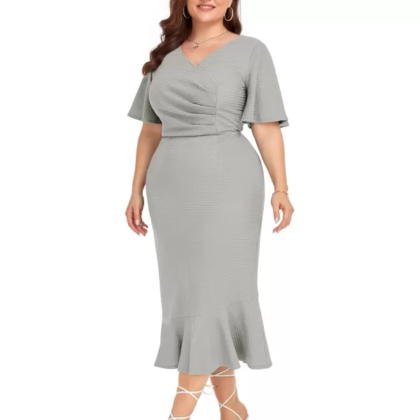 LALAGEN Plus Size Dress for Women Modest Short Sleeve Ruched Bodycon Mermaid Cocktail Midi Dresses 1X6XGrey