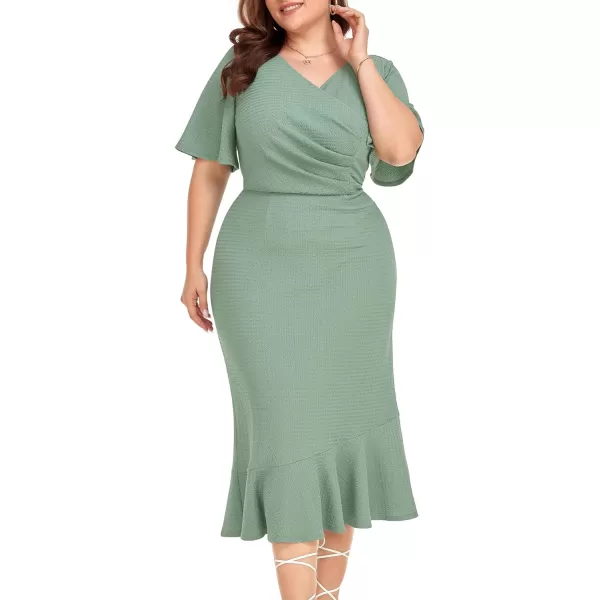 LALAGEN Plus Size Dress for Women Modest Short Sleeve Ruched Bodycon Mermaid Cocktail Midi Dresses 1X6XLake Green