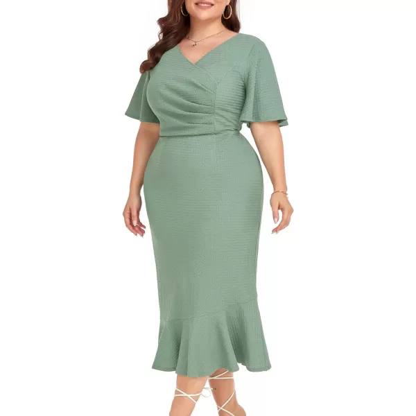 LALAGEN Plus Size Dress for Women Modest Short Sleeve Ruched Bodycon Mermaid Cocktail Midi Dresses 1X6XLake Green