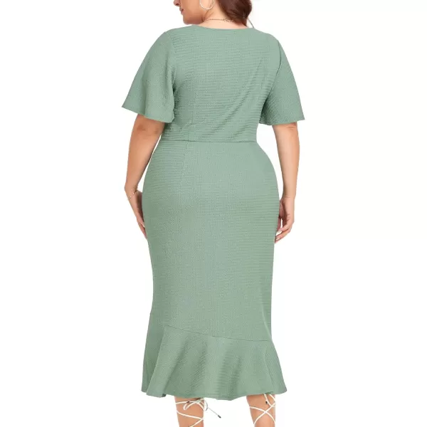 LALAGEN Plus Size Dress for Women Modest Short Sleeve Ruched Bodycon Mermaid Cocktail Midi Dresses 1X6XLake Green