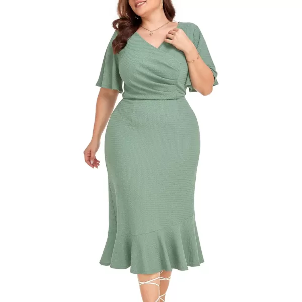 LALAGEN Plus Size Dress for Women Modest Short Sleeve Ruched Bodycon Mermaid Cocktail Midi Dresses 1X6XLake Green