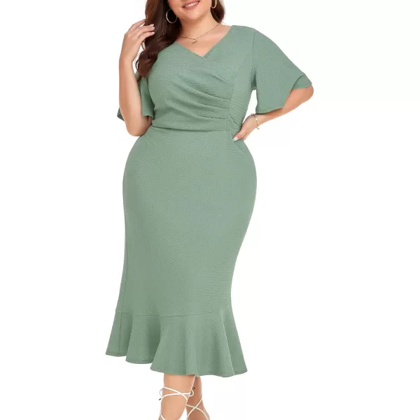 LALAGEN Plus Size Dress for Women Modest Short Sleeve Ruched Bodycon Mermaid Cocktail Midi Dresses 1X6XLake Green