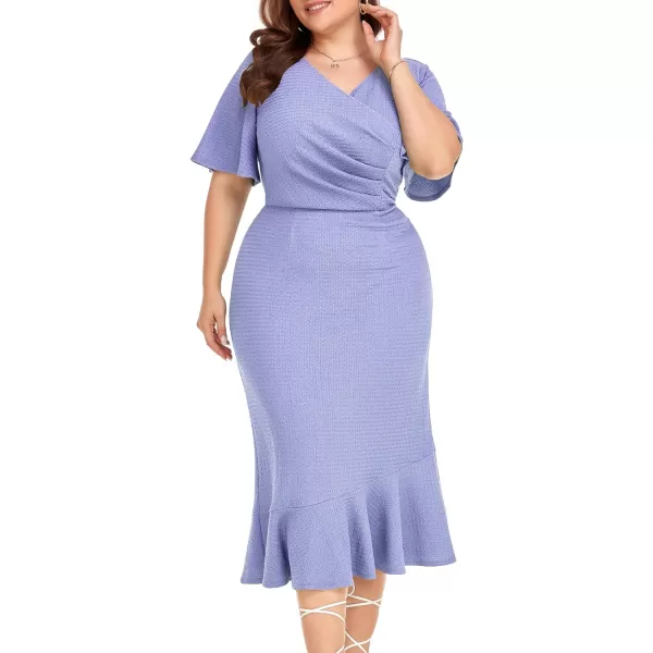 LALAGEN Plus Size Dress for Women Modest Short Sleeve Ruched Bodycon Mermaid Cocktail Midi Dresses 1X6XLight Blue