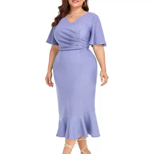 LALAGEN Plus Size Dress for Women Modest Short Sleeve Ruched Bodycon Mermaid Cocktail Midi Dresses 1X6XLight Blue