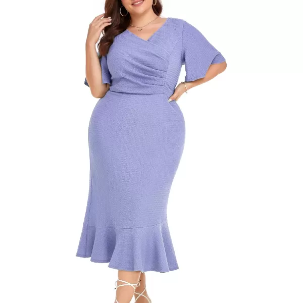 LALAGEN Plus Size Dress for Women Modest Short Sleeve Ruched Bodycon Mermaid Cocktail Midi Dresses 1X6XLight Blue