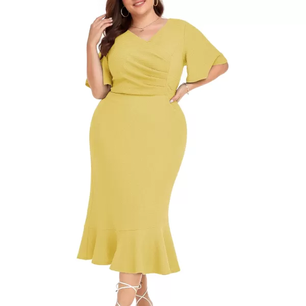 LALAGEN Plus Size Dress for Women Modest Short Sleeve Ruched Bodycon Mermaid Cocktail Midi Dresses 1X6XMustard