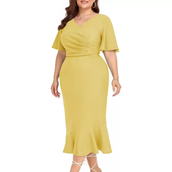 LALAGEN Plus Size Dress for Women Modest Short Sleeve Ruched Bodycon Mermaid Cocktail Midi Dresses 1X6XMustard