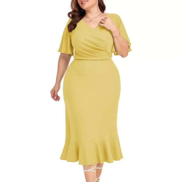 LALAGEN Plus Size Dress for Women Modest Short Sleeve Ruched Bodycon Mermaid Cocktail Midi Dresses 1X6XMustard