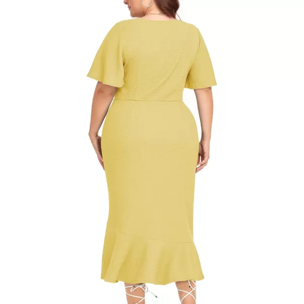 LALAGEN Plus Size Dress for Women Modest Short Sleeve Ruched Bodycon Mermaid Cocktail Midi Dresses 1X6XMustard