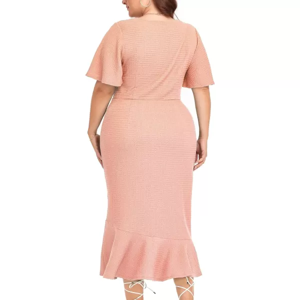 LALAGEN Plus Size Dress for Women Modest Short Sleeve Ruched Bodycon Mermaid Cocktail Midi Dresses 1X6XPink