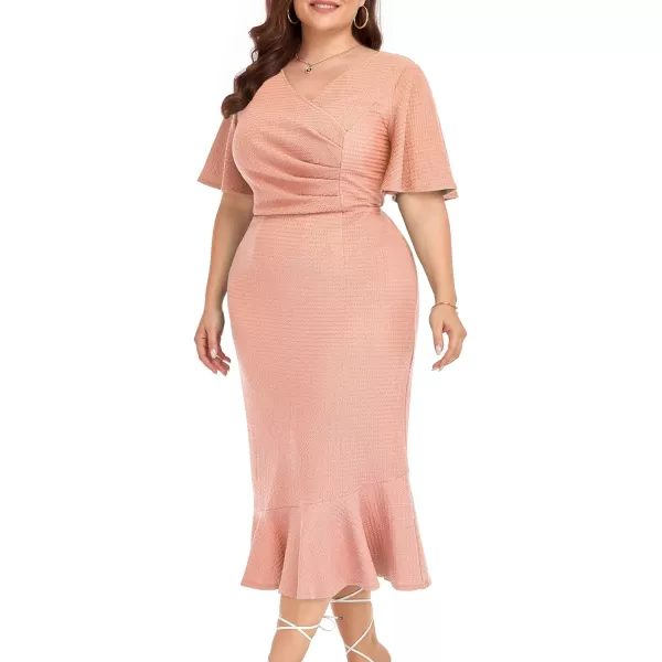 LALAGEN Plus Size Dress for Women Modest Short Sleeve Ruched Bodycon Mermaid Cocktail Midi Dresses 1X6XPink