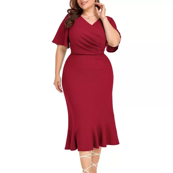 LALAGEN Plus Size Dress for Women Modest Short Sleeve Ruched Bodycon Mermaid Cocktail Midi Dresses 1X6XRed